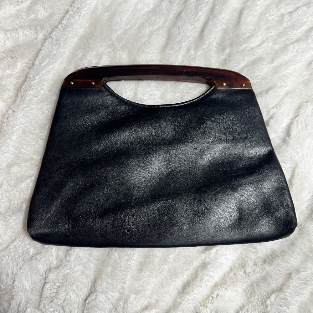 Black leather midcentury 70’s handbag Bakelite top handle Vintage Purse Whimsy - Picture 3 of 16